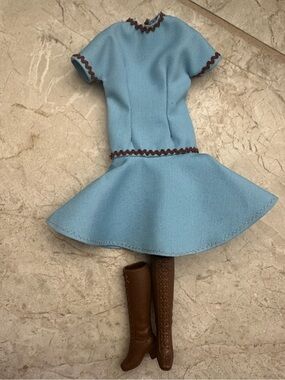 1970 Japan Mattel Barbie brown lace up boots and blue dress with brown trim